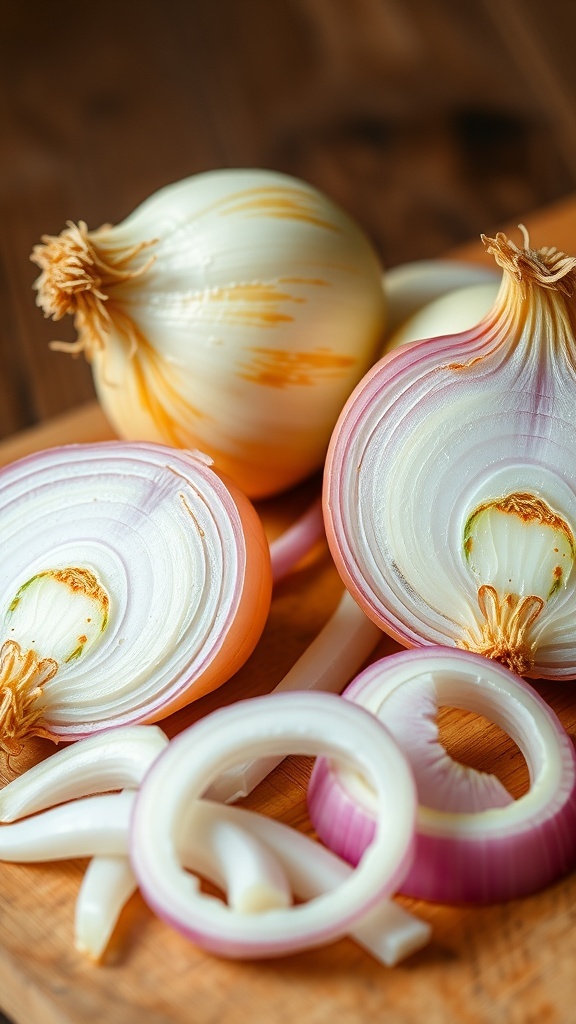Fresh onions on a wooden cutting board with sliced onions.